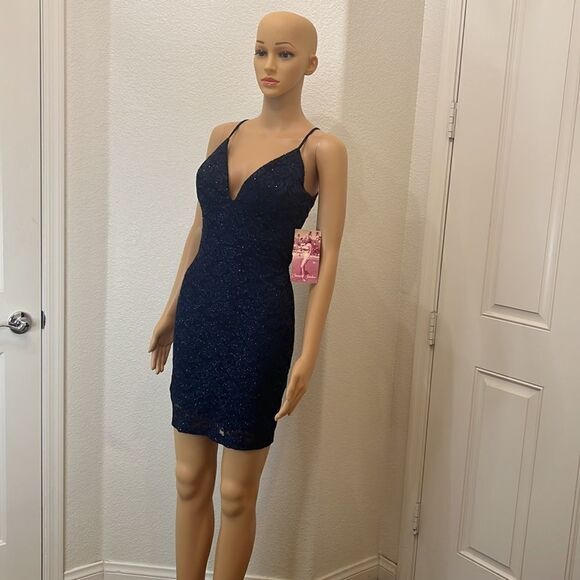 Emerald Sundae Small Dress Cut Out Sheer Padded Lined Navy Floral Shimmer Sexy - Picture 2 of 15